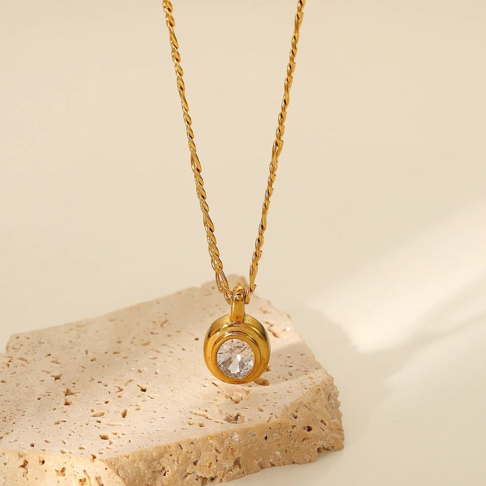 18K Gold Simulated Diamond Necklace*Figaro Chain Necklace*Waterproof Sweatproof